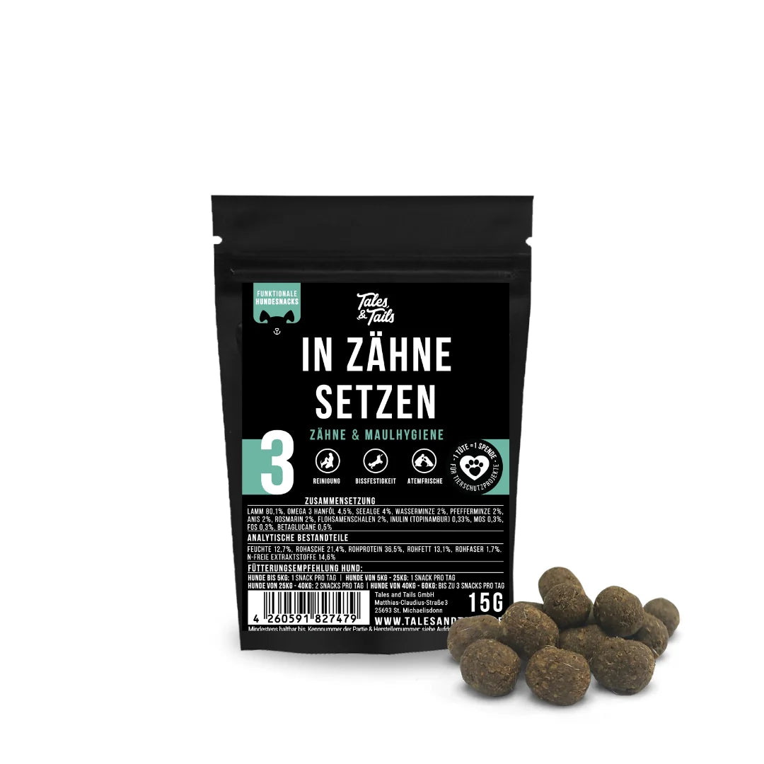 Tales & Tails Funkcionális jutalomfalat kutyáknak - Viszlát Fogkő - 15gr TESZT csomag