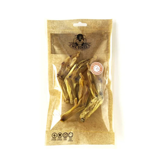 Szárított kacsaláb kutyáknak – 4–5 darabos, 100% természetes fogtisztító snack csomagolása