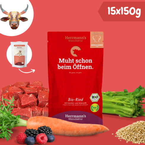 Herrmanns's BIO Marhahús párolt menü felnőtt kutyáknak - 150gr