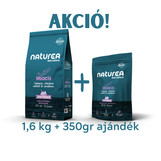 Naturea MIACIS – Lazac, Csirke, Nyúlhús Száraztáp Kölyök, Felnőtt és Ivartalanított Macskáknak 1,6kg