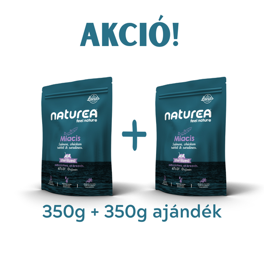 Naturea MIACIS – Lazac, Csirke, Nyúlhús Száraztáp Kölyök, Felnőtt és Ivartalanított Macskáknak 350gr