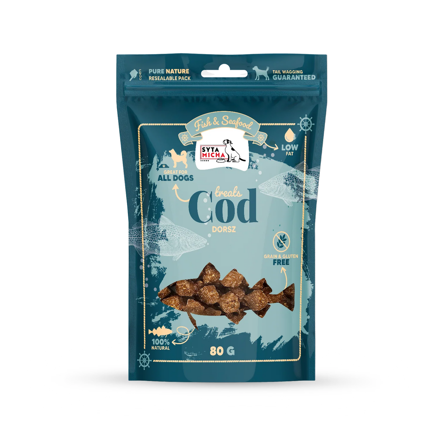 Syta Micha Fish & Seafood – 100% Tőkehal Jutalomfalat Kutyáknak 80g