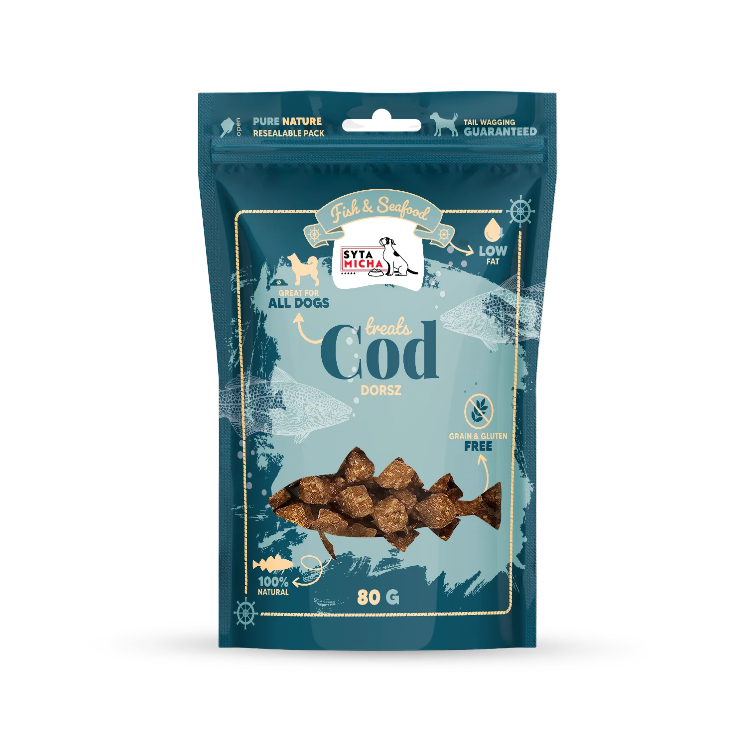 Syta Micha Fish & Seafood – 100% Tőkehal Jutalomfalat Kutyáknak 80g